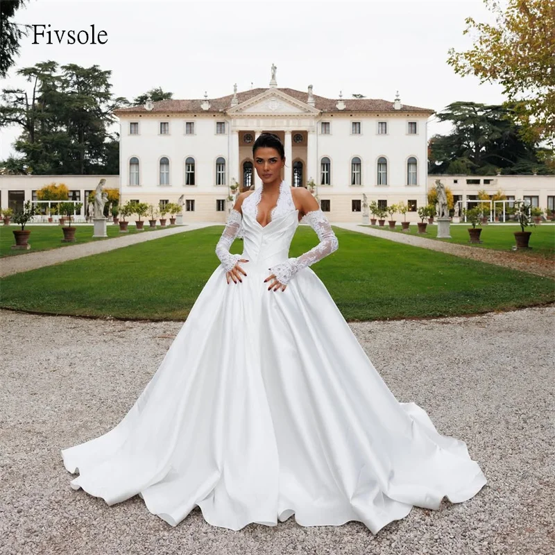 Fivsole الحديثة الدانتيل الرسن ألف خط فستان الزفاف عارية الذراعين ذيل طويل فساتين العروس طول الأرض فستان الزفاف حسب الطلب