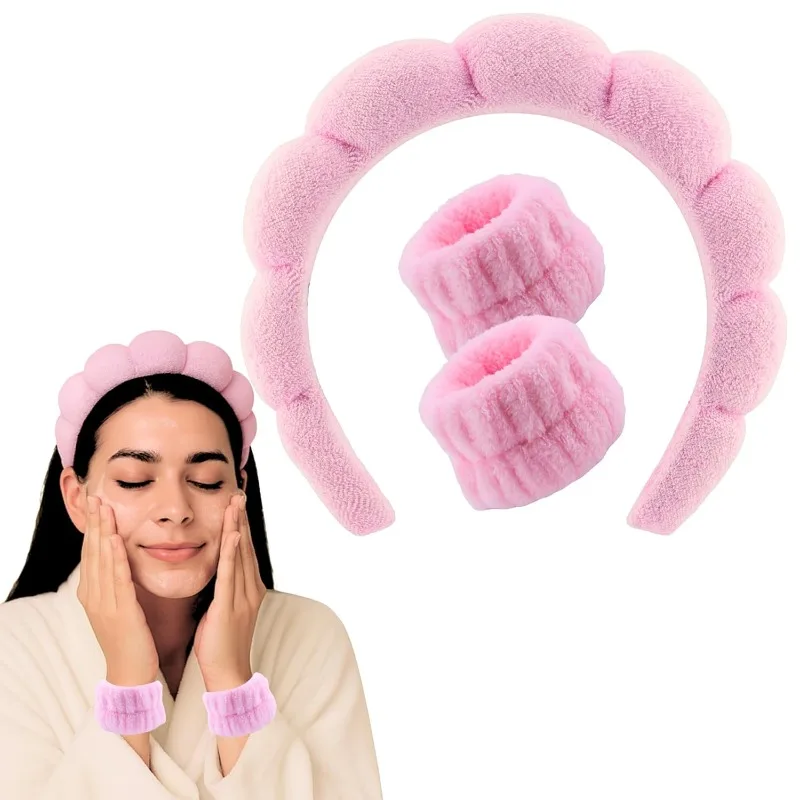 

Набор из 3 стильных повязок для умывания: повязка на голову, браслеты и резинки для волос. Идеально для женщин и детей: для умывания, макияжа, душа, ухода за кожей.