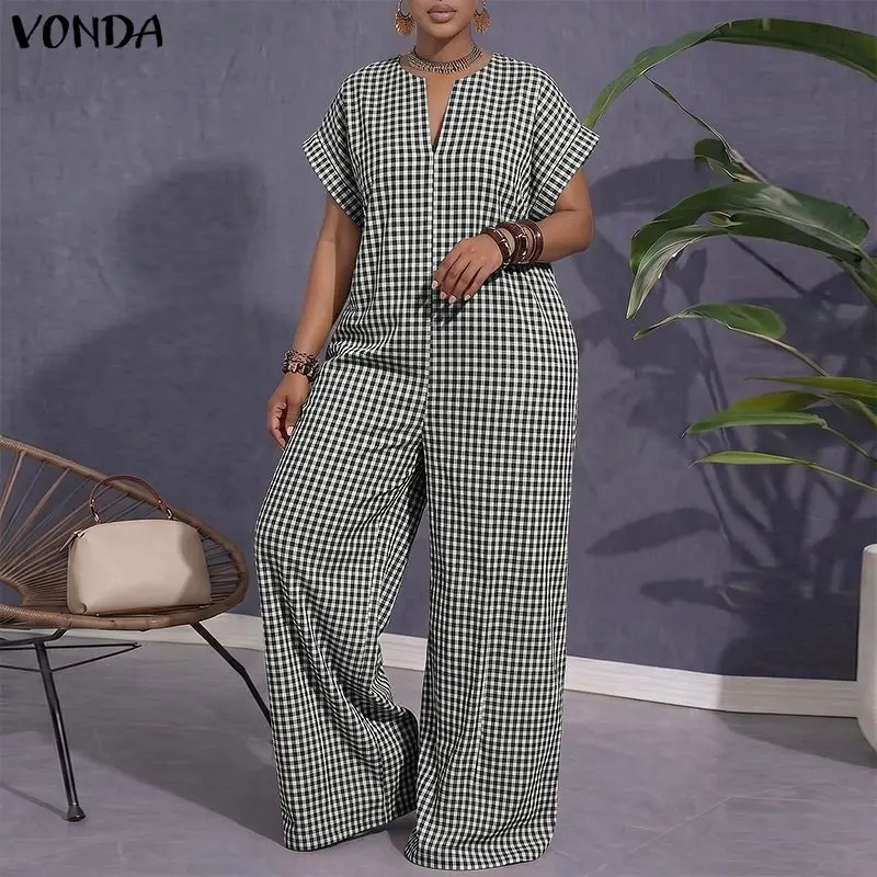 Women Plus Size Jumpsuits VONDA Fashion Summer Short Sleeve Tops Wide Leg Pants OL Work Playsuits Plaid Overalls Streetwear
