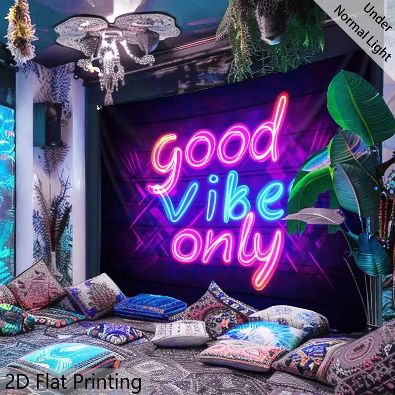 VIKAMA Neon Text Tapestry Good Vibes Only UV Reactive Wall Hanging Teen Dorm Living Room Party Background Decor