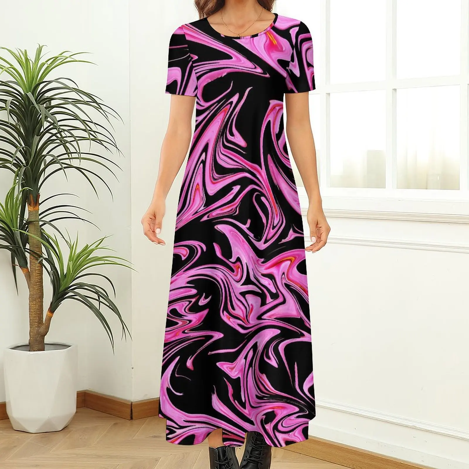 Marble Dress Pink And Black Liquid Cute Maxi Dress Woman Short Sleeve Aesthetic Boho Beach Long Dresses Big Size