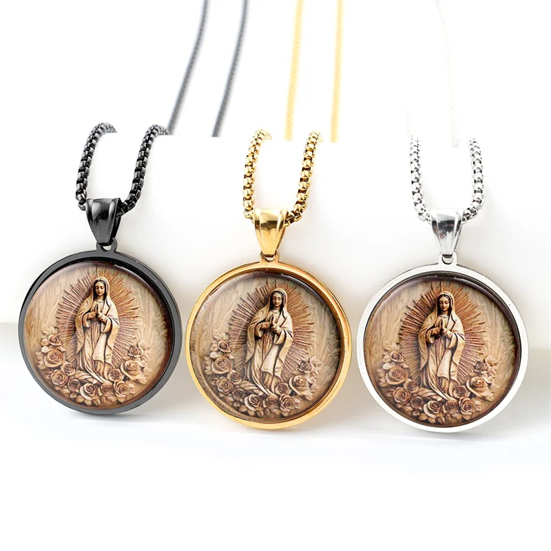 Edelstahl Katholische Jungfrau Maria Glas Medaille Halskette Gold Silber Farbe Unsere Liebe Frau von Guadalupe Aumlet Halsketten Schmuck