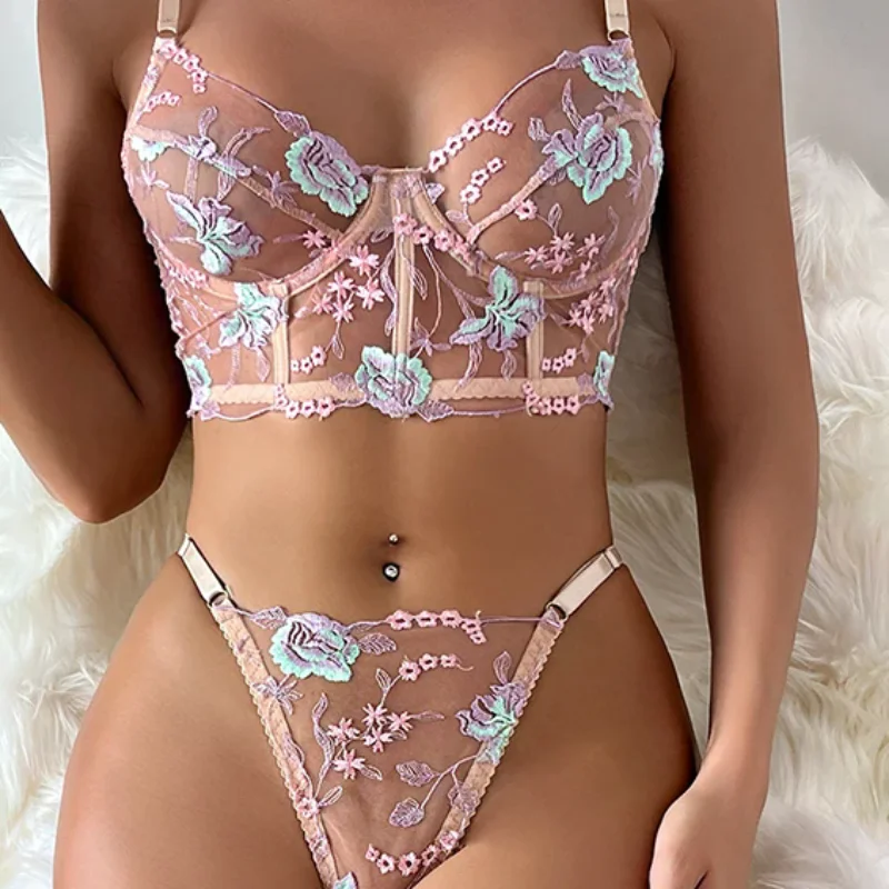

Комплекты сексуального нижнего белья из 2 предметов для женщин, сексуальный бюстгальтер из 2 предметов с цветочной вышивкой в стиле бохо + трусики, комплекты нижнего белья