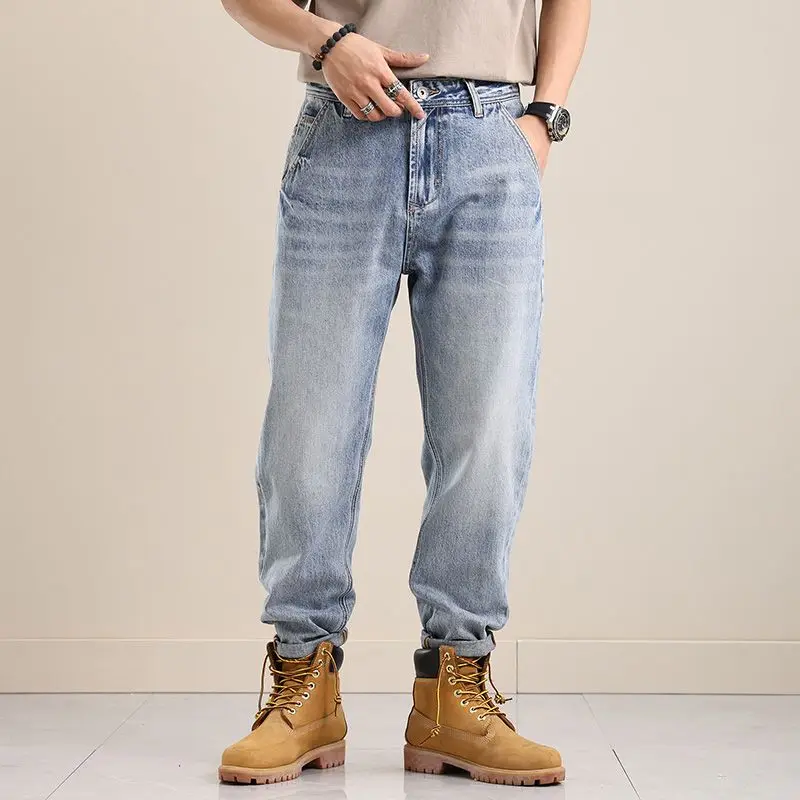Jean en Denim à jambes droites et amples pour hommes, bleu clair, pantalon décontracté rétro américain avec insert incliné, automne hiver