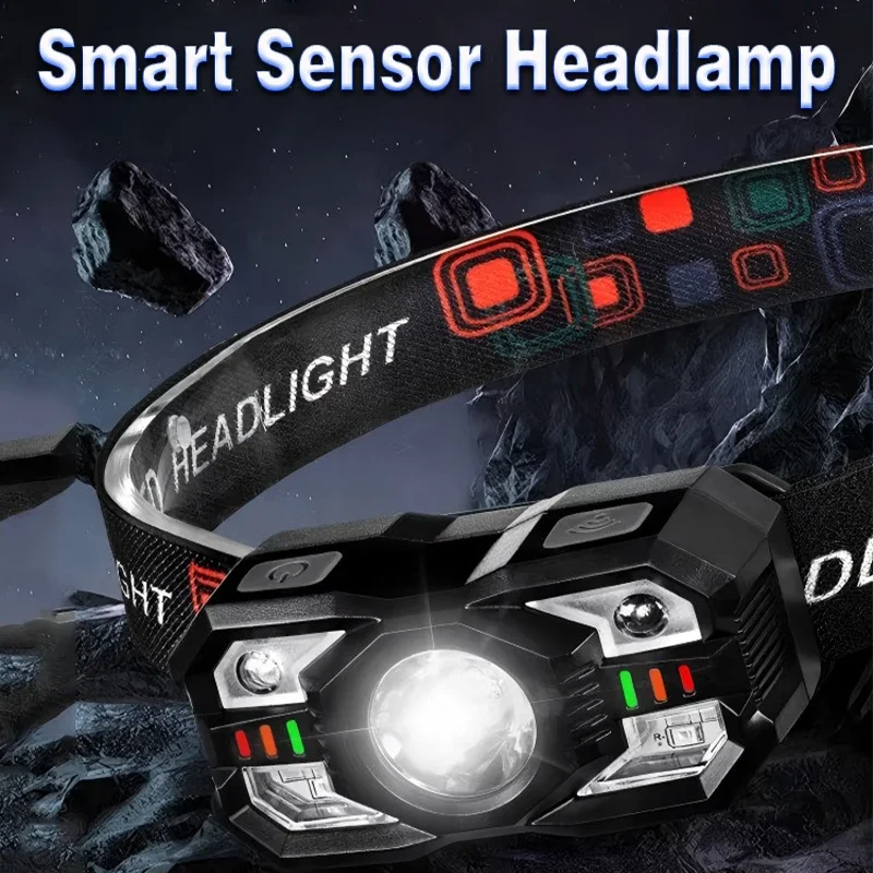 

Smart Sensor Headlamp,LED Rechargeable Flashlight,Waterproof,Type-C,Adjustable Brightness,Hands-Free Lighting,Camping,Cycling