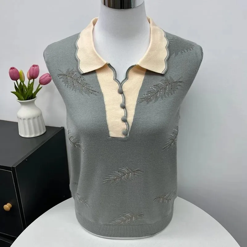 Mature Women Knit Vest Lapel Leaf Rhinestone Decor Sleeveless Mom Autumn Casual Top