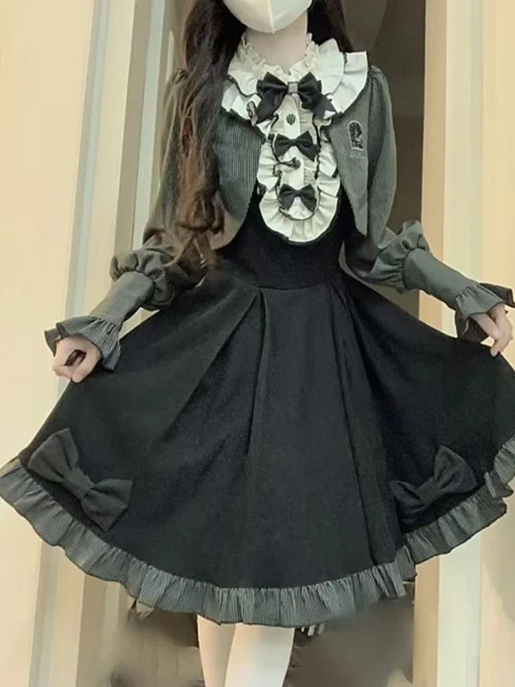 Schattige Lieve Lolita Prinsessenjurk Splitsen Ruches Kraag Strik Hoge Taille Slanke Jurk Lange Mouw Vest Tweedelige Set Voor Dames