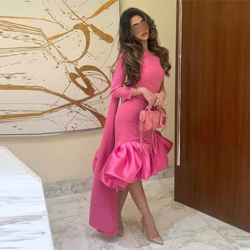 

Jiayigong One Shoulder Pink Mermaid Stretch Short Evening Party Dresses Long Sleeve Knee Length Saudi Arabic Women Formal