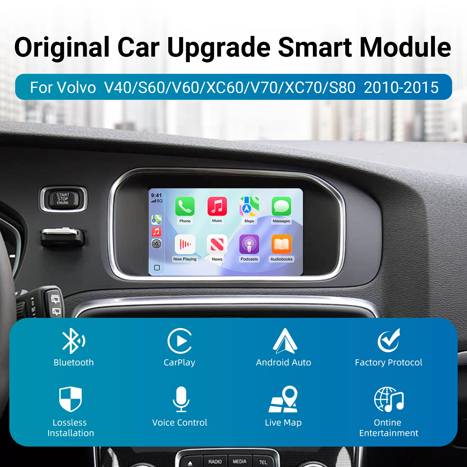 Ezonetronics Wireless CarPlay Android Auto Retrofit Kit Decoder Box for Volvo V40 V60 S S60 XC60 V70 XC70 S80 2010-2015 with 7''