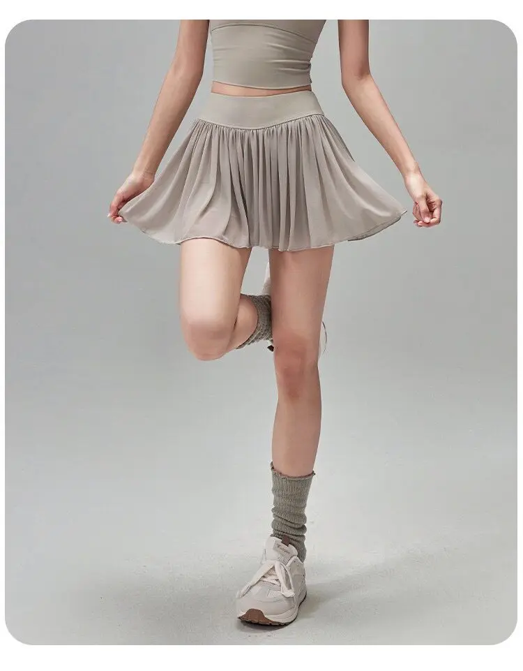 Sportlicher kurzer Rock für Damen, Sommer, hochtaillierter Mesh-Tennisrock, Anti-Exposure, zweiteiliger Fitness-, Yoga- und Badmintonrock – Detail 3