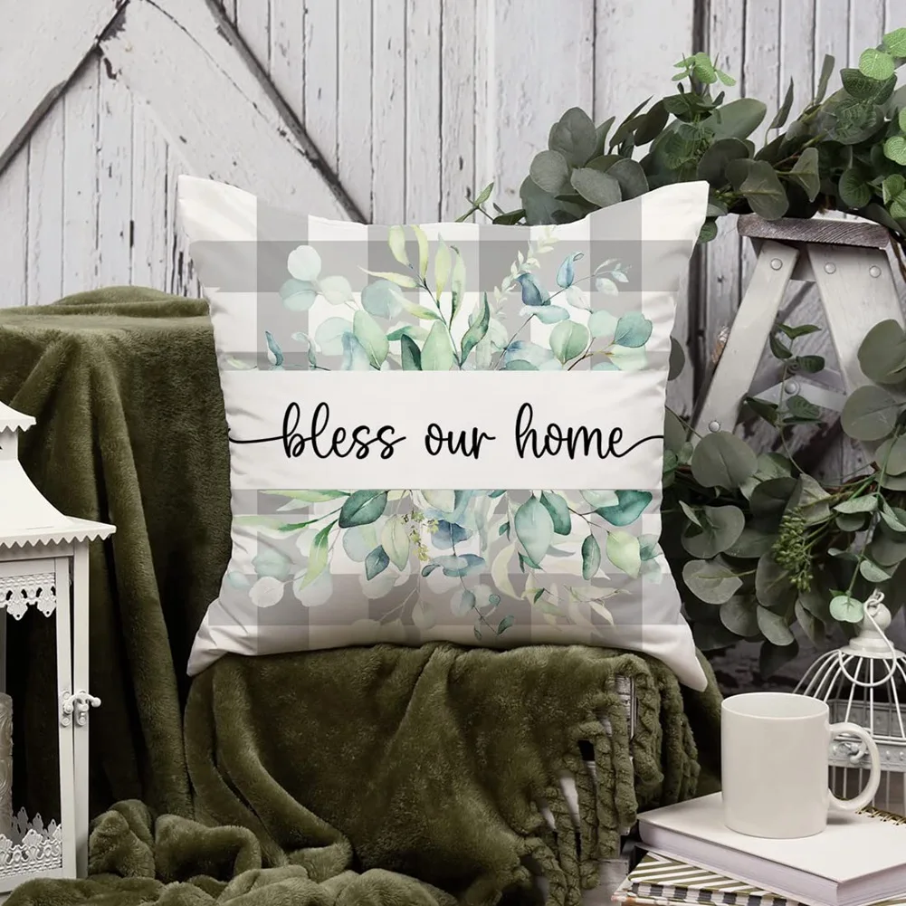 ABUH-Spring Pillow Covers 18X18 Set Of 4 Farmhouse Throw Pillow Spring Decorations Buffalo Plaid Cushion Case For Home Decor