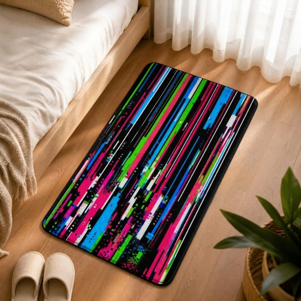 Cyberpunk Glitch Colorful Vertical Stripe Print Flannel Runner Rug, Retro Pixel Gaming Non-Slip Bedside Floor Mat, Decor Carpet