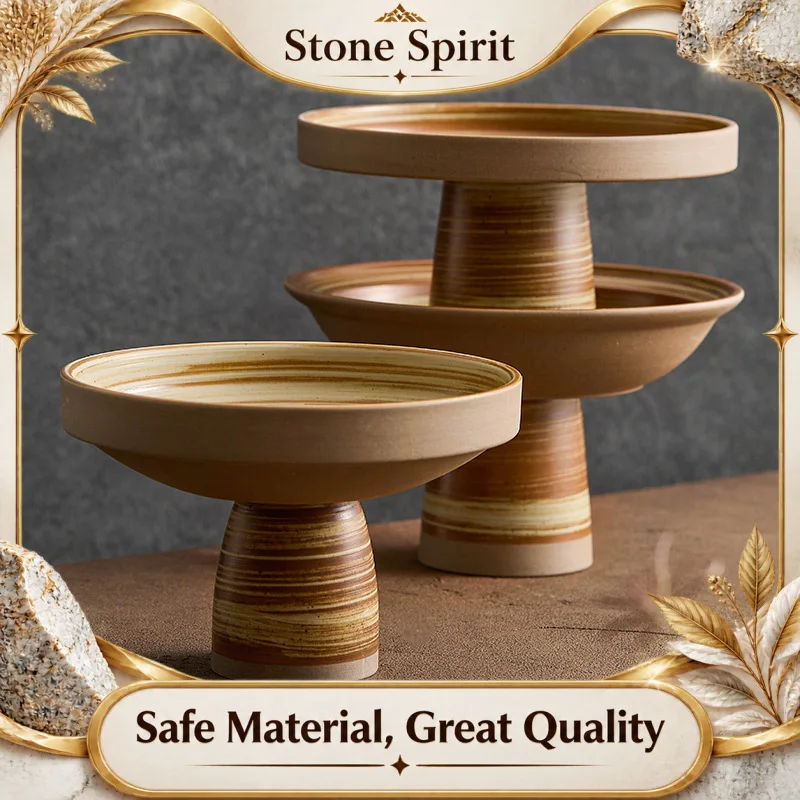 Creative Retro Coarse Pottery Tableware, Round High Footed Bowl, Household Fruit Tray, Living Room Coffee Table and Pastry Tray