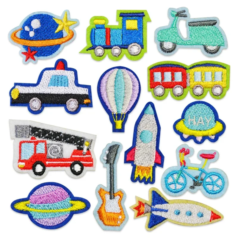 50pcs/Lot Stick-on Embroidery Patch Clothing Car Train Vehicle Flying Saucer Balloon Bicycle Fire Truck Kid Clothing Decoration