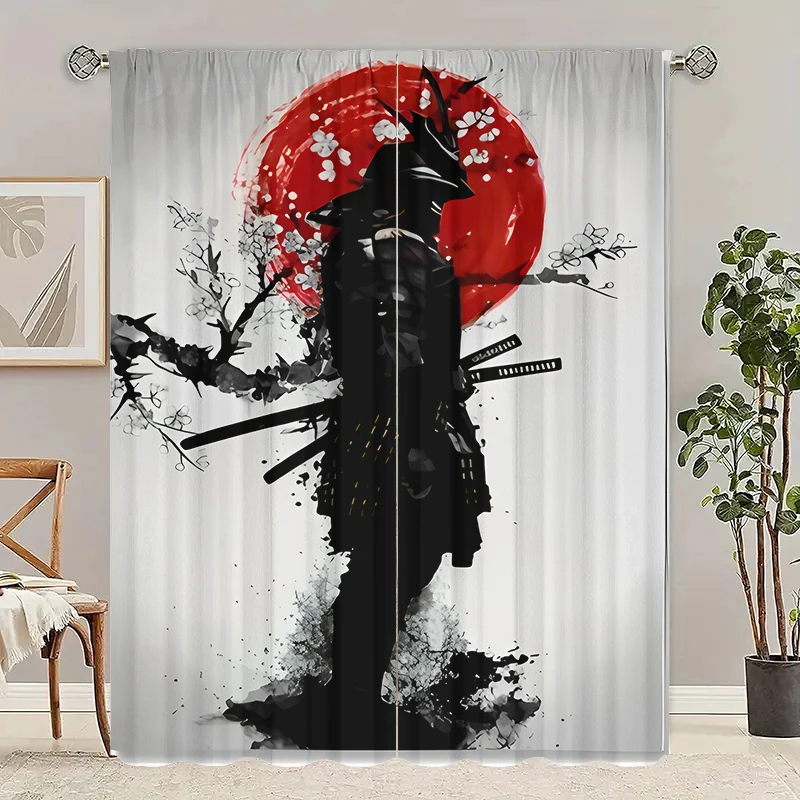 

2 curtains in Samurai print - Polyester - suitable for bedroom, living room, study, private space + magnetic binding