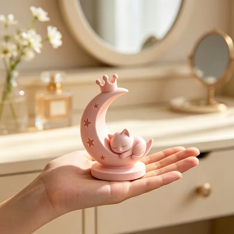 3D Printed Pink Moon Crown Sleeping Cat Resin Figurine Star Crescent Kitty Desk Decor Mini Sculpture