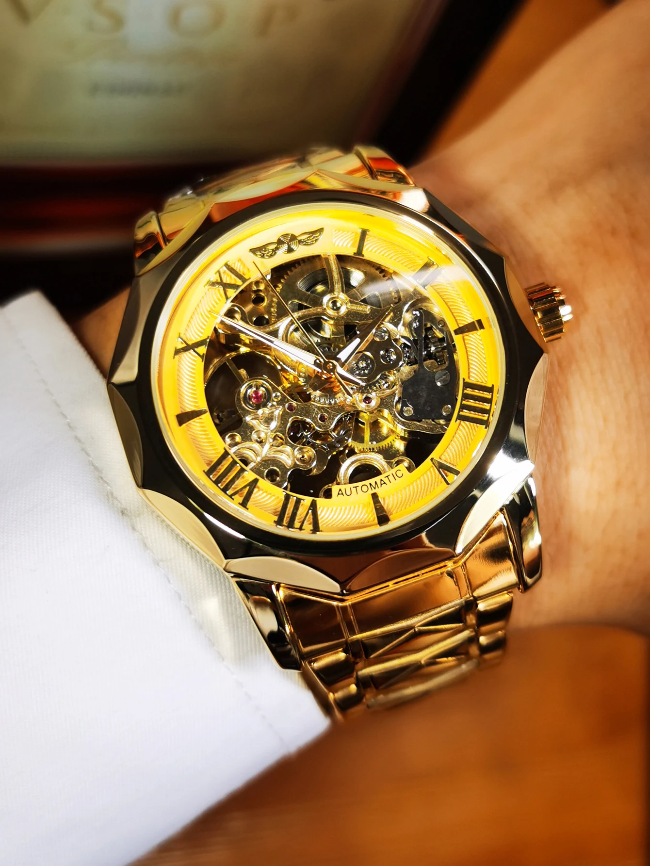 WINNER Luxury Dodecagon Skeleton Automatic Mechanical Watches for Men Luminous Carved Movement Stainless Steel Strap Gold Watch