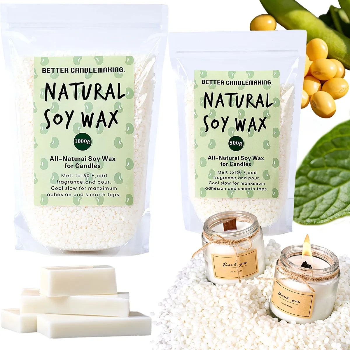 Partículas de Cera de Soja Natural de 500g/1Kg, Materia Prima para Velas Aromáticas, 100% Sin Aditivos, para Fabricación de Velas DIY