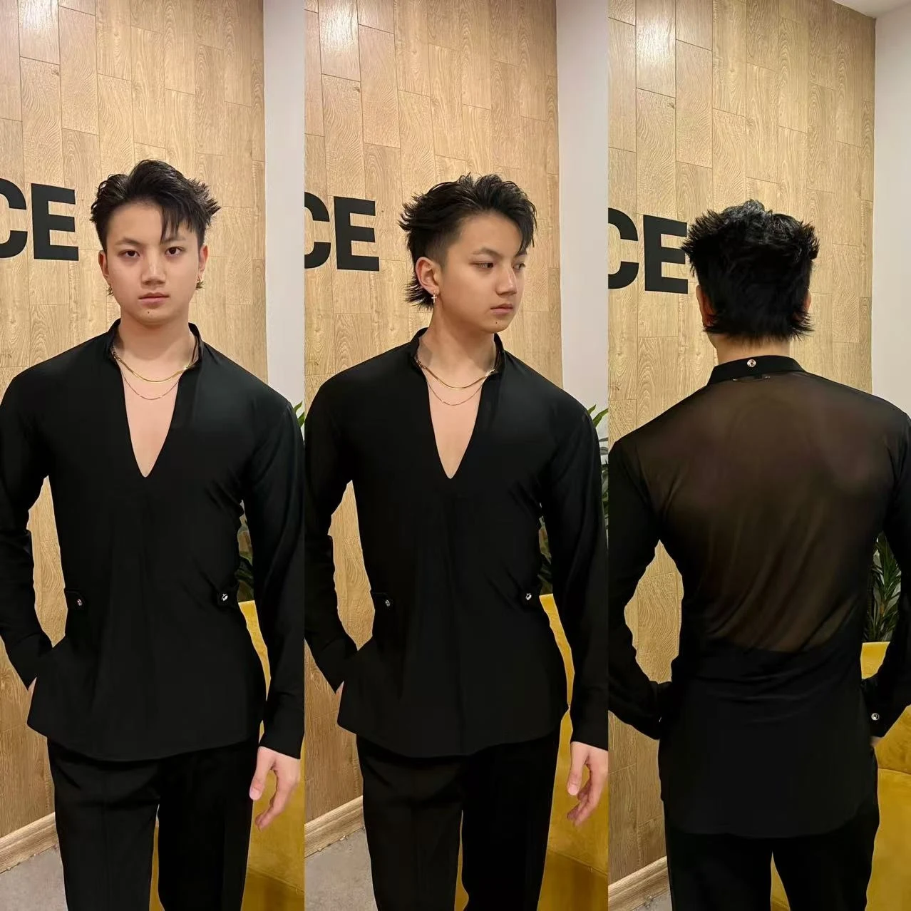 

Задняя сетка Топы для латинских танцев Мужская черная футболка с длинными рукавами для тренировок V-образным вырезом Взрослая мужская одежда для румбы-ча-ча для бальных танцев DNV22512