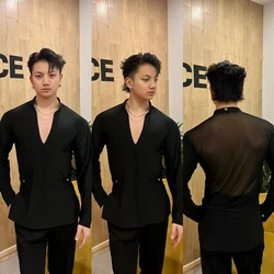 Back Mesh Latin Dance Tops Men Black Long Sleeves Practice T Shirt V Neck Adult Male Rumba Cha Cha Ballroom Dance Wear DNV22512
