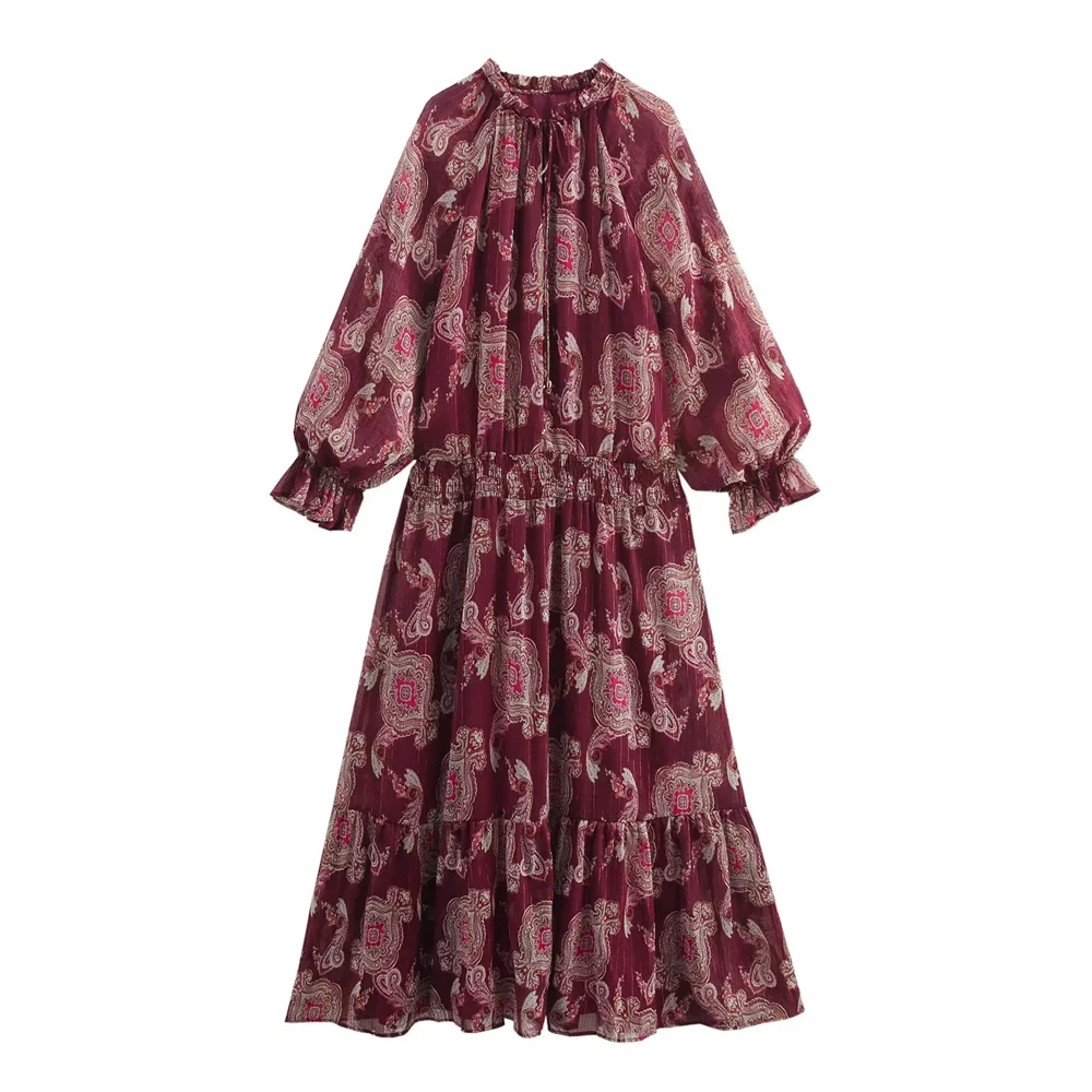 

BSK&TRAF2025metallic color line printing long sleeves fashionable casual versatile long skirt dress summer new women's clothing