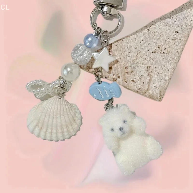 Cute Cartoon Lovely Animal Flocked Polar Bear Shell Keychain Pendant Backpack Ornament Bag Lanyard Phone Chain Girl Gift Keyring