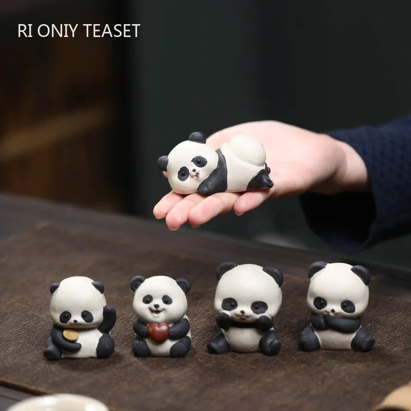 Chinese Yixing Lovely Purple Clay Tea Pet Handmade Panda Statue Tea Figurine Ornaments Crafts Tea Set Decor Accessories