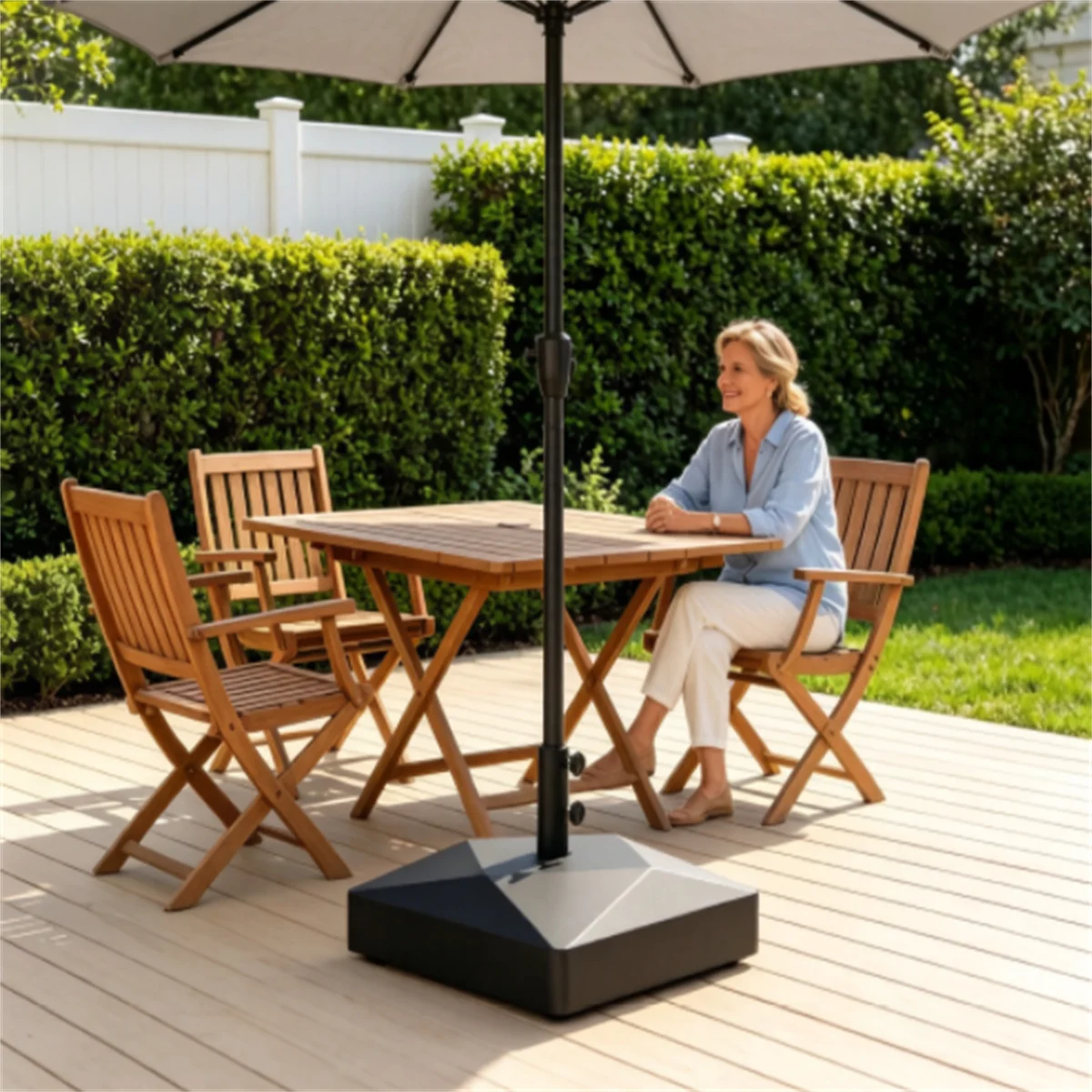 Fillable Patio Umbrella Base with 4 Rolling Wheels & Locks, Heavy Duty Water Sand Weighted HDPE Umbrella Stand Universal for 6-10ft Outdoor Umbrella