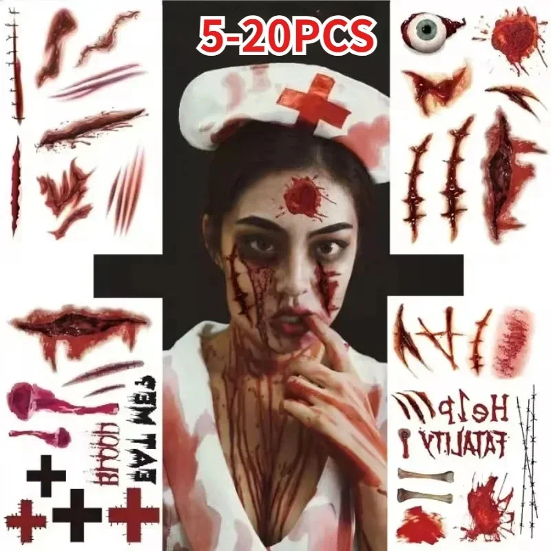 5-20PCS Halloween Horror Tattoo Sticker Waterproof Bloody Scar Wound Temporary Tattoos for Party Costume Cosplay Body Decoration