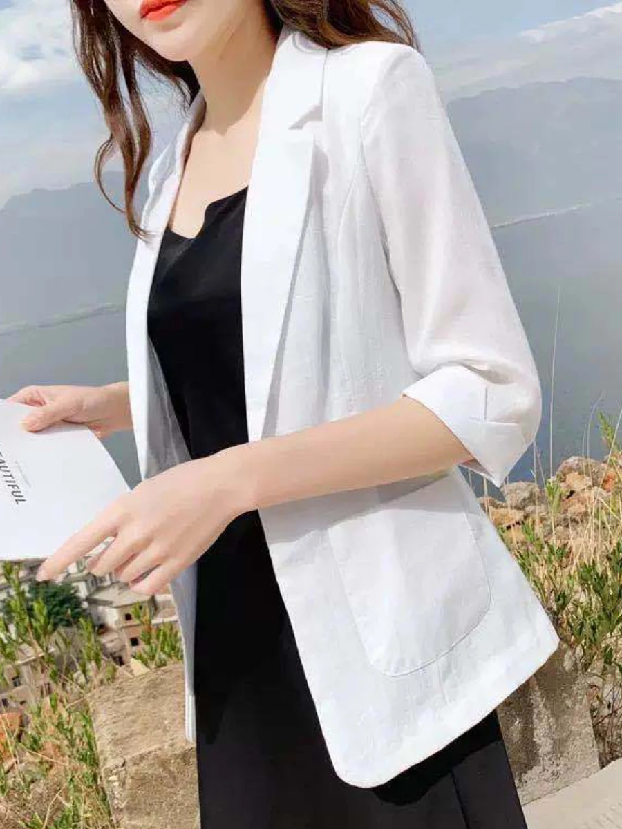 Plus Size Women\'s Suit Jacket Cotton Linen Commuting Wear Oversized Overcoat Thin Loose Fit Tops Casual Fashion Spring Summer