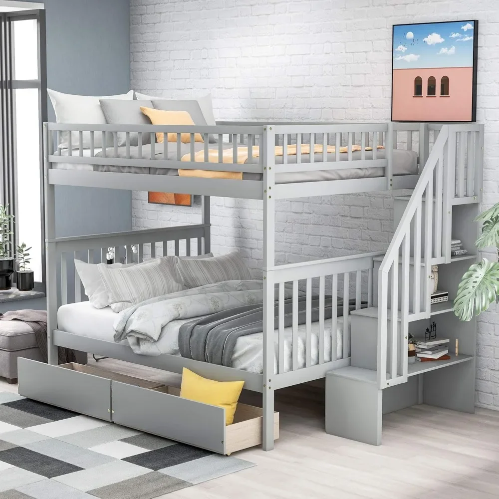 Bunk Bed, with Two Drawers and 3-Storage Staircase, No Box Spring Required, Solid Wood Full Bunk Bed