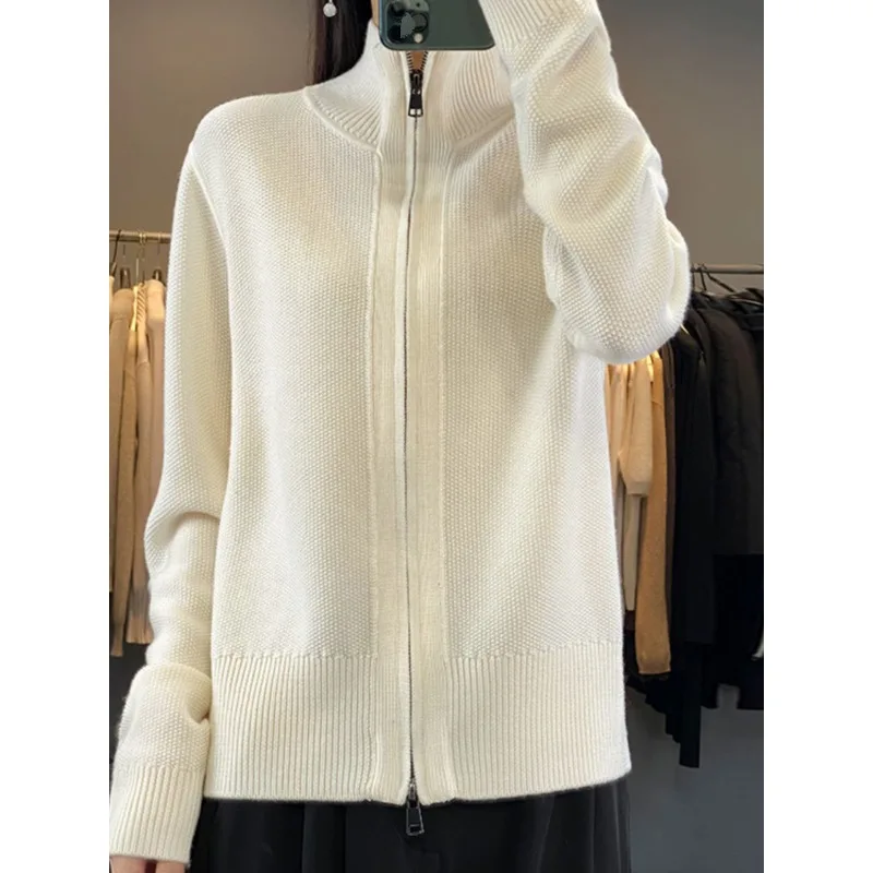 

Fashion Casual Stand Collar Coat for Women 2025 New Knitted Double Zipper Cardigan Sweater Sweater Top