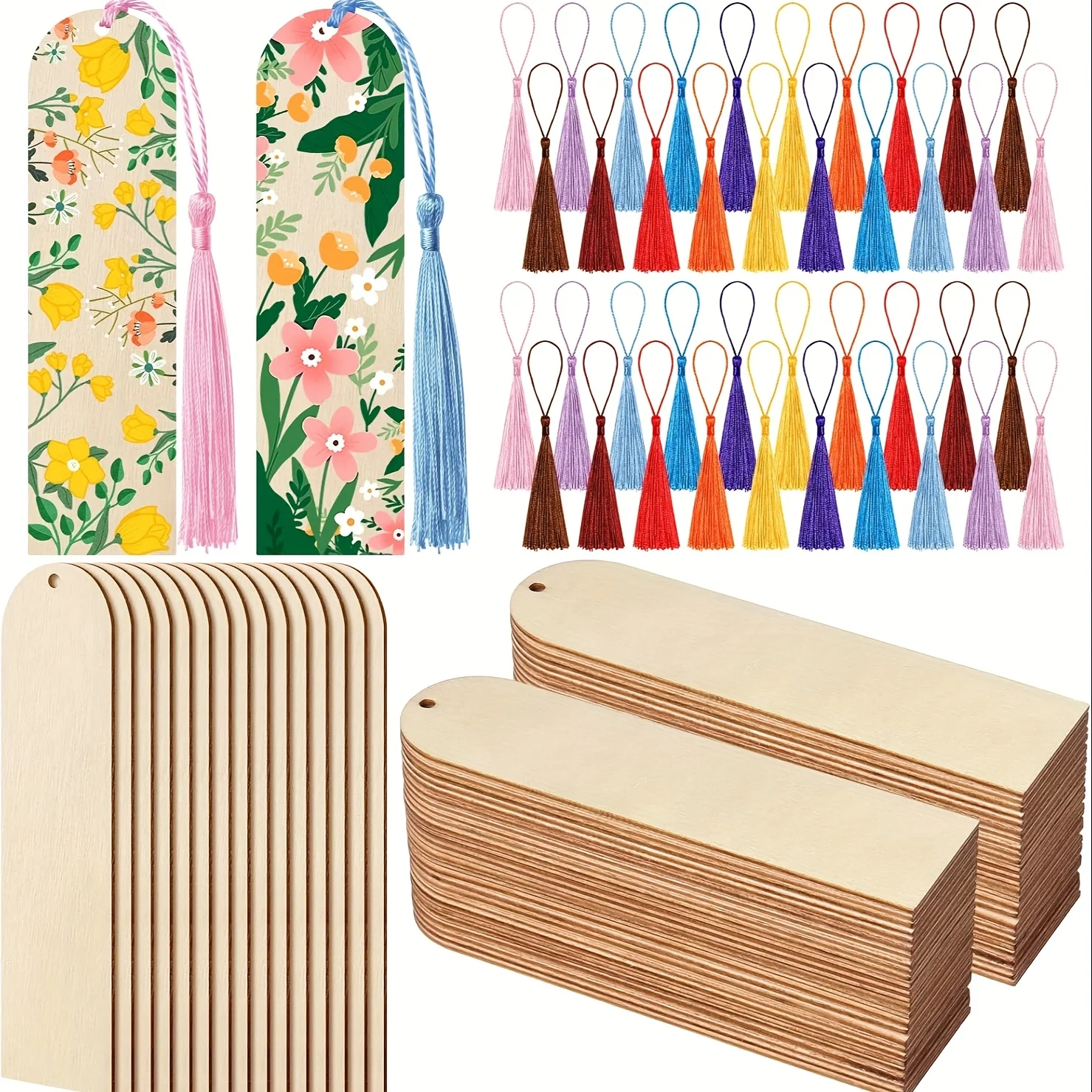 12 szt. Niedokończonych drewnianych zakładek do książek DIY, rękodzieło z drewna, zakładki z wycinanymi laserowo drewnianymi haczykami, kwadratowe zawieszki, 12 frędzli - losowy kolor