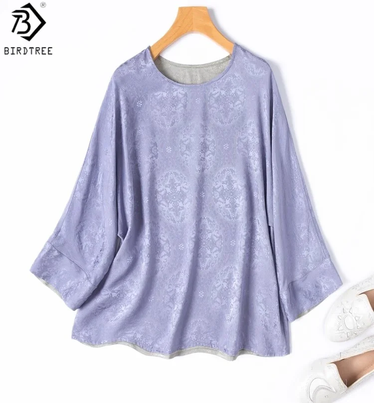 

Birdtree Summer 100% Mulberry Silk Tshirt,Women Jacquard Dolman Sleeve O-neck Reversible Solid Loose Shirt,2025 New T56816JF
