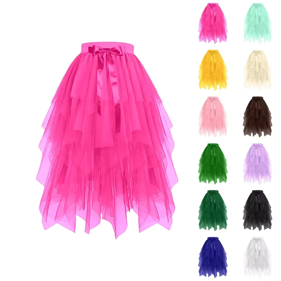 Women Skirts High Low Layered Puffy Fairy A Line Midi Skirt Irregular Tutu Elegant Soft Knee Summer Pleated A Line Mini Skirts