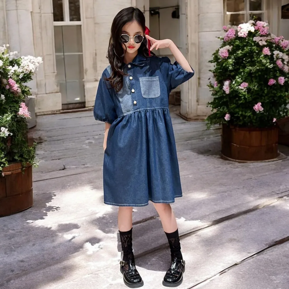 Summer Girls Denim Dresses Baby Outfits  Kids Clothes Sleeveless Long Party Dress Kids Princess Costumes 6 8 9 10 11 12 13 Years