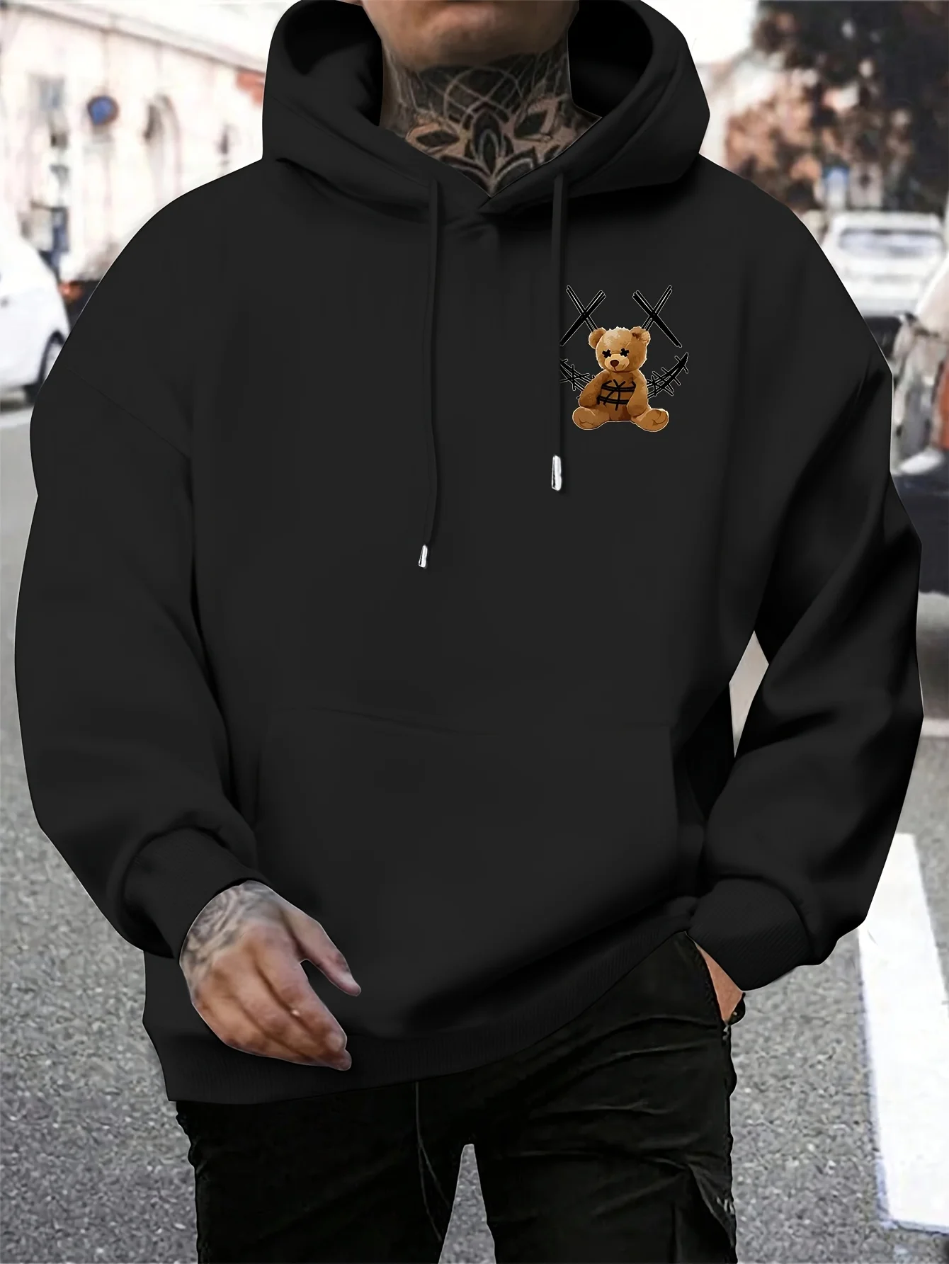 Men's Autumn/Winter Stitched Teddy BearPatternPrintedPulloverwithHood andFleece InnerVersatile Sporty Casual LooseHooded Sweater