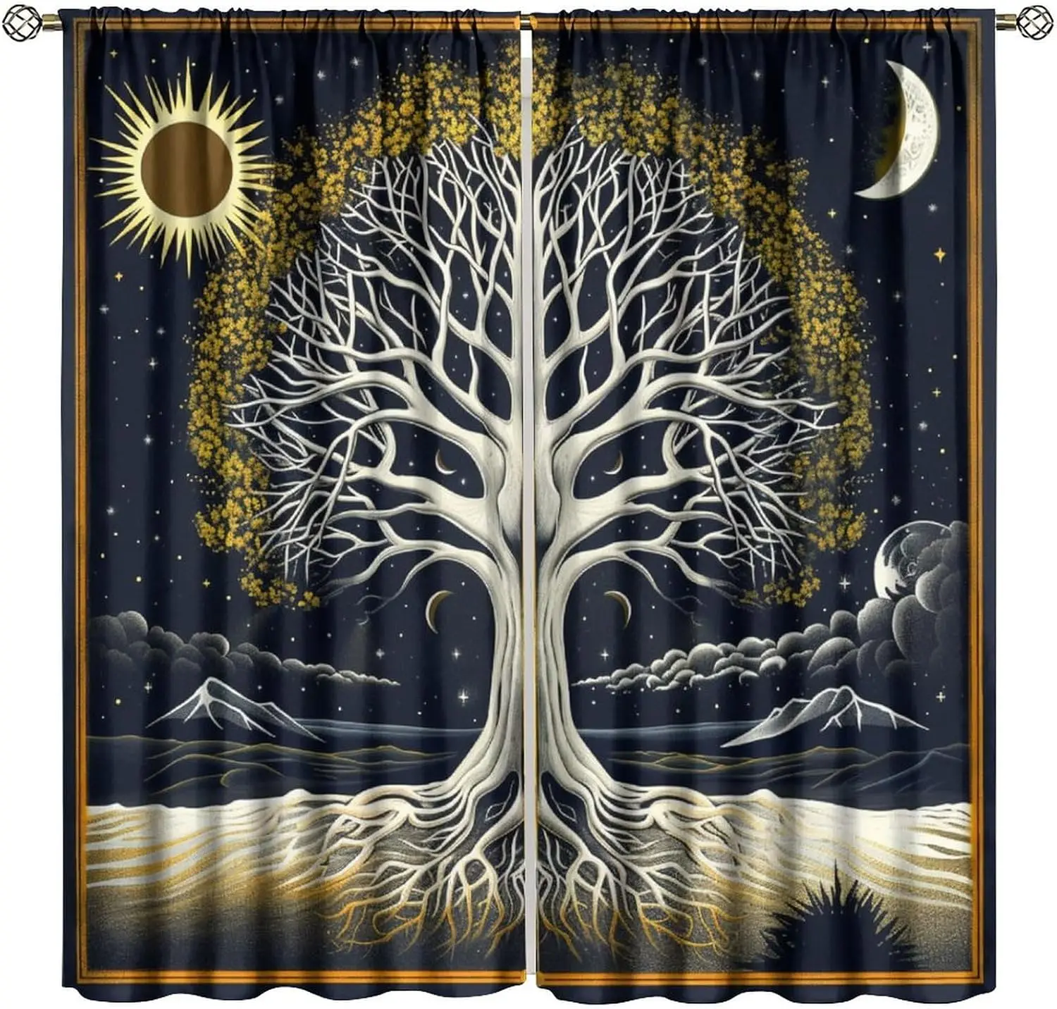 Mystic Tree Window Curtain Navy Background Big Root Tree Sun Crescent Star Sea Mountain Rod Pocket Panels Witchy Room Decoration