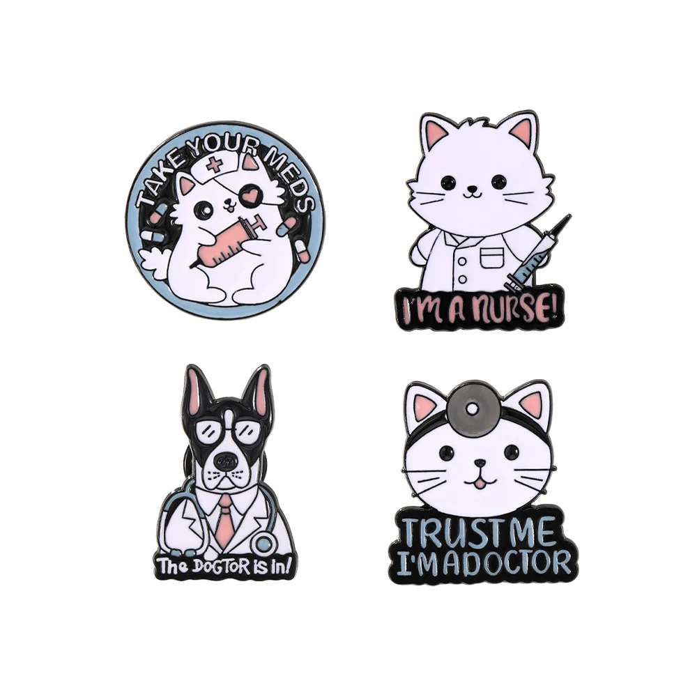 4Pcs/Set Creative Cute Dog Cat Doctor And Nurse Enamel Pins The Dogtor Is In Take Your Meds Pet Brooches