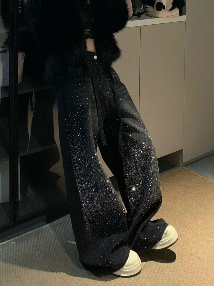 American Style Hot Girl Design Single Side Rhinestone Denim Pants Women's Fall Vintage Fashion Match Long Pants High Waist Wi...
