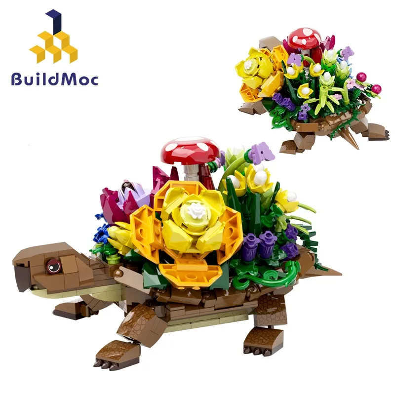 Buildmoc 거북이 동물 화분 아이디어 MOC 세트 빌딩 블록 키트, 어린이 장난감, 성인 선물, 510 개 벽돌