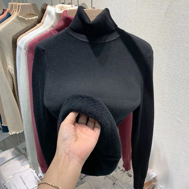 Suéter mujer invierno 2024 moda tejido cálido jersey mujer manga larga suelta alta elástica casual tejido mujer cuello alto