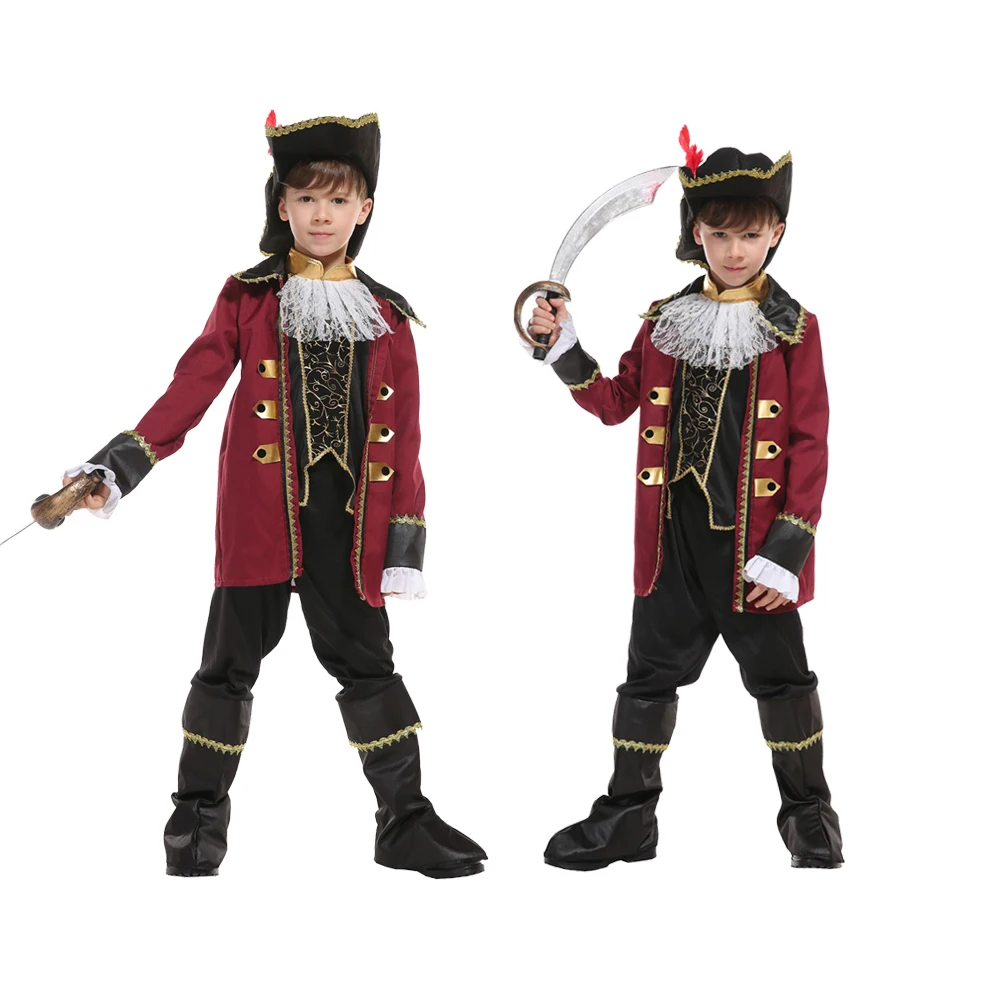 Costume de Pirate de capitaine de la marine pour Halloween, Costume de Cosplay pour enfants garçons, vêtements de jeu de rôle sur scène avec chapeau, pas d'aiguille