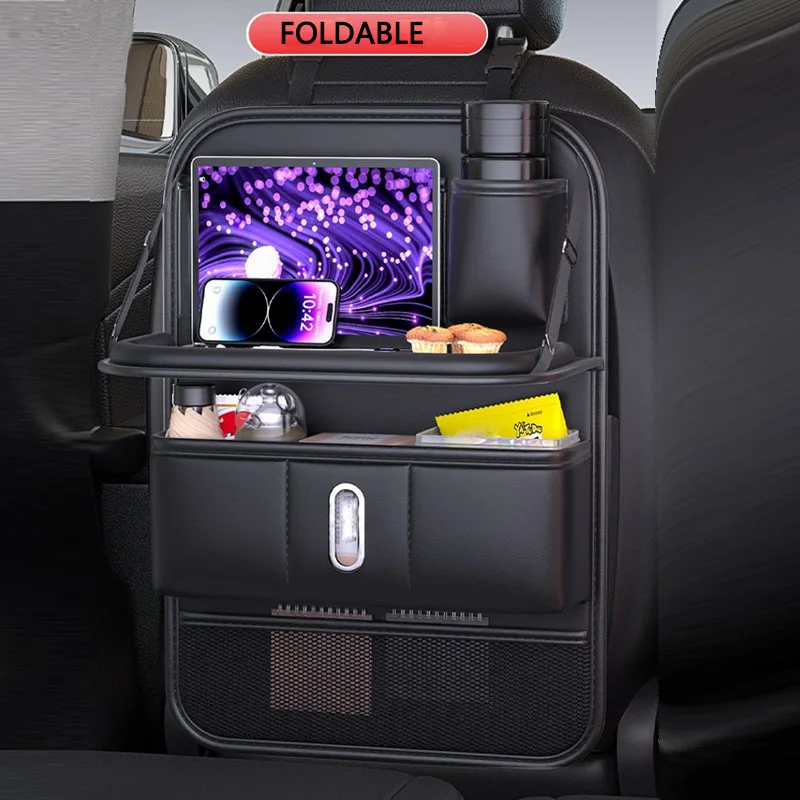 

Car Backseat Organizer with Foldable Tray Leather Auto Seat Back Hanging Tissue Phone Holder Storage Bag Multi-Pocket Cup Bags