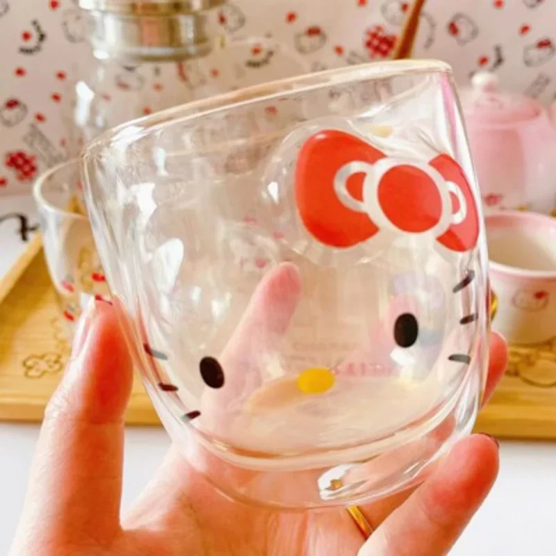 280ml Hello Kitty Glass Mug Kawaii Double Wall Coffee Mugs Cute Women Tea Milk Lemon Juice Water Cup Birthday Christmas Gift