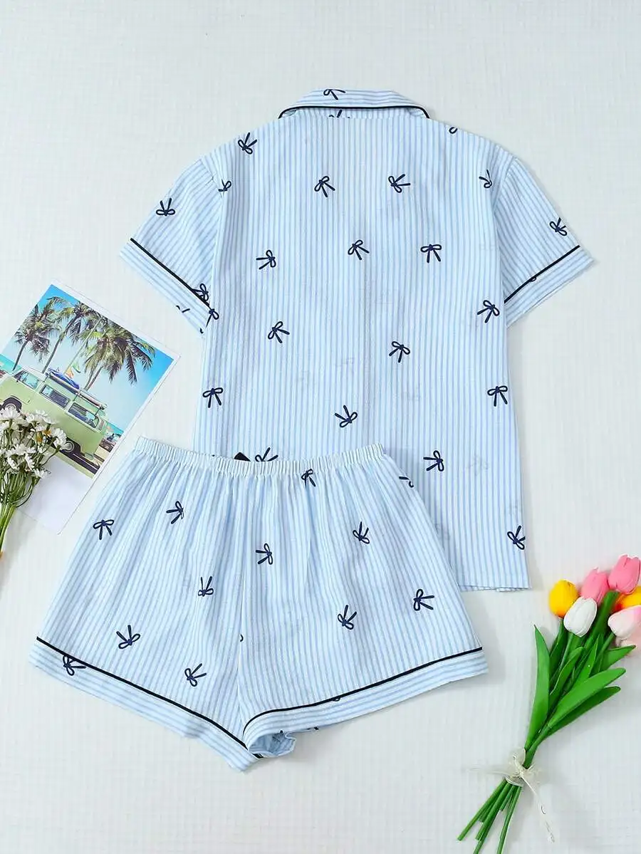 

Women Blue Striped Bow Print Short Sleeve Lapel Pajama Set With Pocket Shorts
