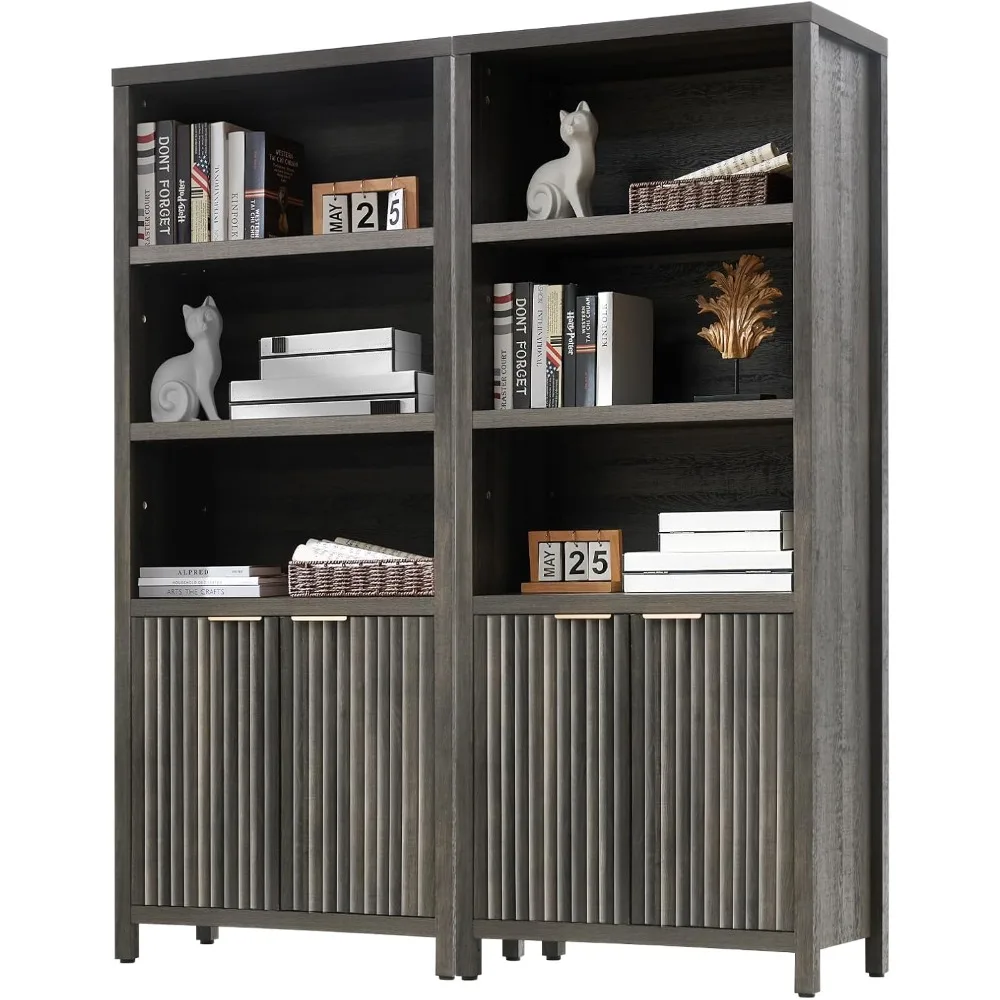 رف كتب طويل مع خزانة أبواب بعمق 15.4 بوصة، رف كتب من 5 طبقات، خزائن كتب MDF من خشب البلوط مقاس 1.4 بوصة مع أرضية تخزين #1