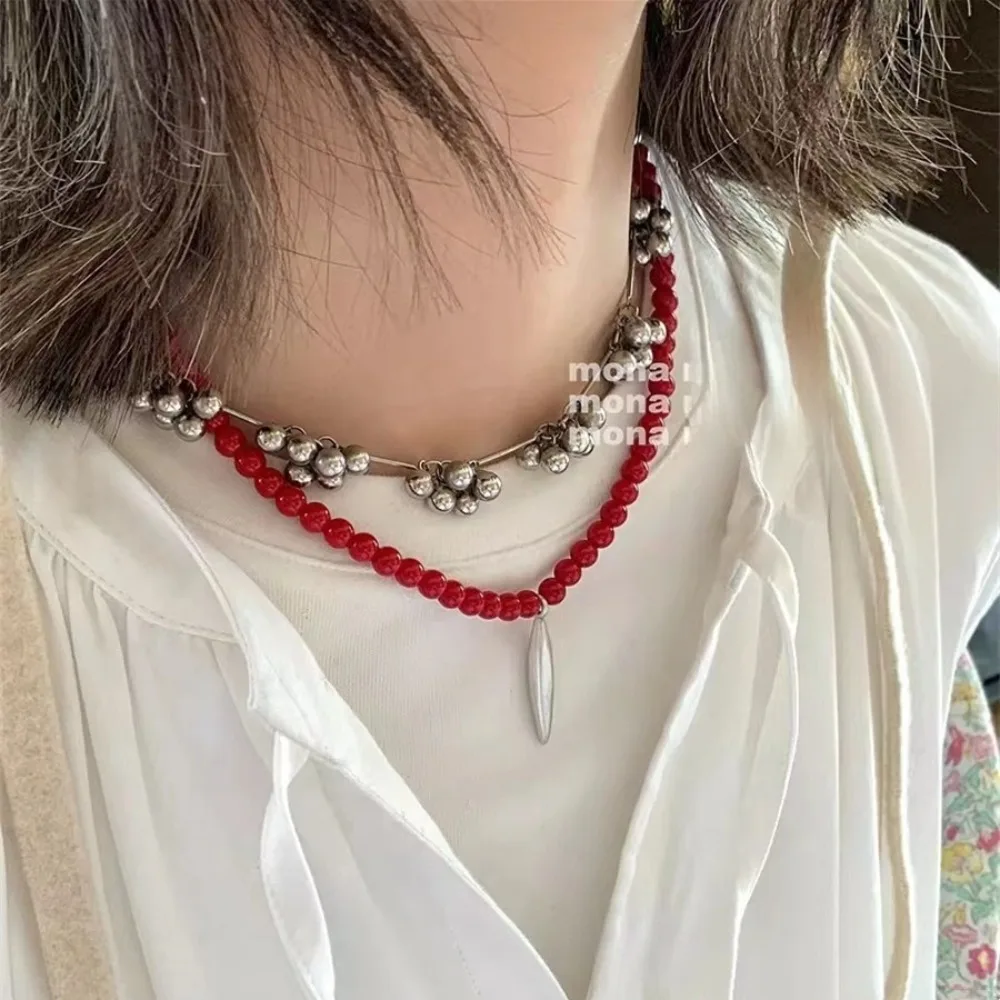 

Fashion Double-Layer Red Bead Pendant Necklace For Women Personality Temperament Clavicle Chain Luxury Jewelry Accessories Gifts