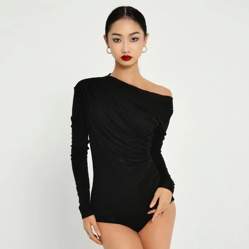 Slant Shoulder Latin Dance Tops Women Adult Rumba Dance Clothes Long Sleeves Bodysuit Cha Cha Ballroom Dance Practice Wear 18370