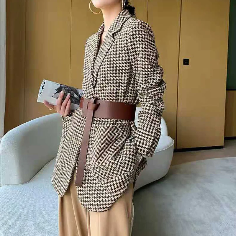 Korean Vintage Coats Women Woolen Plaid Houndstooth Blazer Elegant Spring Autumn Office Lady Belt Oversize Chic Jacket Outerwear